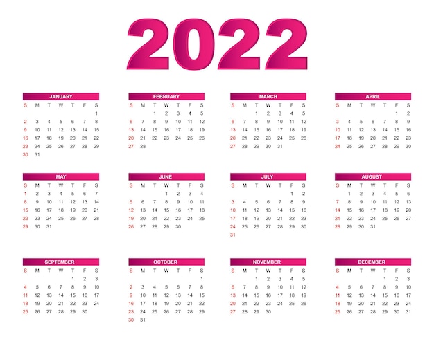 Vettore calendario del nuovo anno 2022 in stile semplice