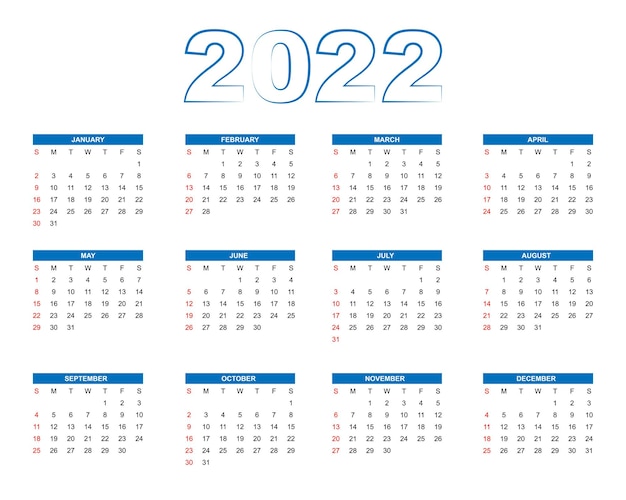 シンプルなスタイルの新年2022年カレンダー