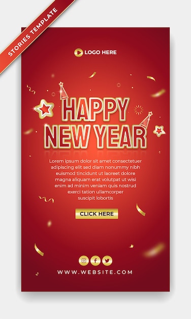 New year 2022 poster or story banner social media with golden text confetti luxury red background