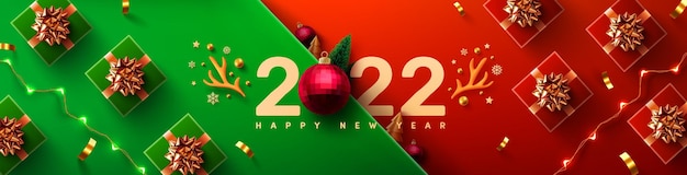 Vector new year 2022 promotion poster or banner with gift box and christmas element