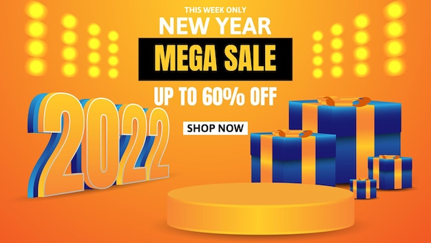 New year 2022 sale banner or poster with gift box and podium