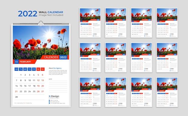 Modello di calendario da parete del nuovo anno 2022