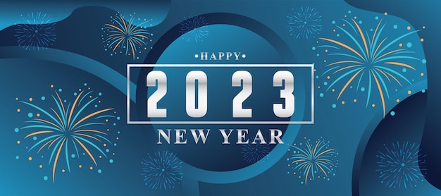 Vettore sfondo del nuovo anno 2023 con sfumatura blu e fuochi d'artificio
