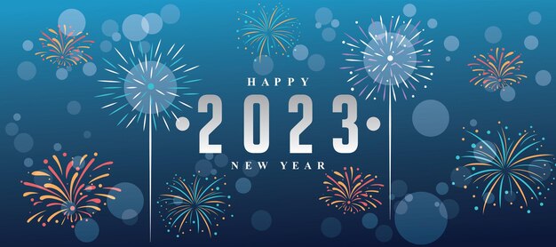 Vettore sfondo del nuovo anno 2023 con fuochi d'artificio e sfumature blu