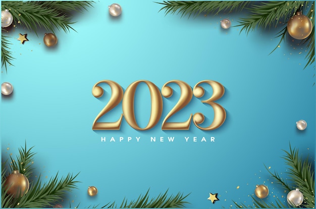 new year 2023 on blue background and christmas tree.