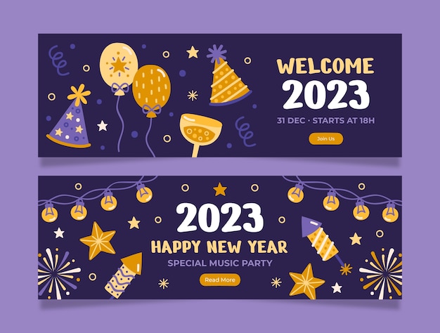 Vettore modello di banner orizzontale per la celebrazione del nuovo anno 2023