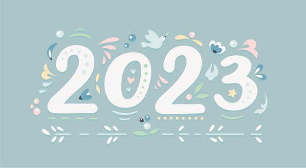 Vettore numeri floreali di capodanno 2023 con colomba della pace. cartolina d'auguri popolare scandinava.