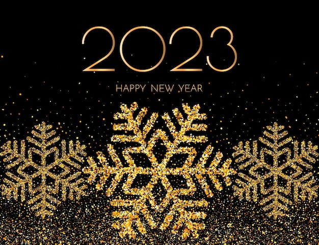 New Year 2023 greeting card 2023 golden New Year sign and golden snowflakes on dark background