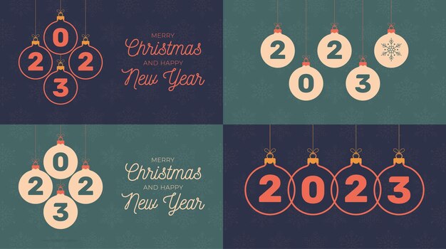 Vector new year 2023 and merry christmas retro card set etro bohemian greeting cards vector illustration with hanging 2023 christmas bauble in flat cartoon style sale or discount banner with xmas ball