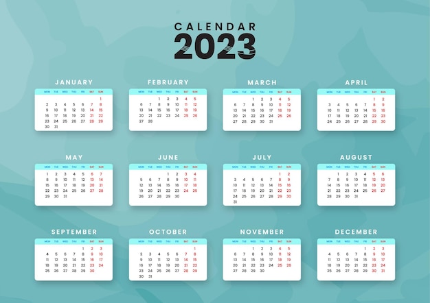 New year 2023 modern calendar template week starts monday. English vector calendar layout