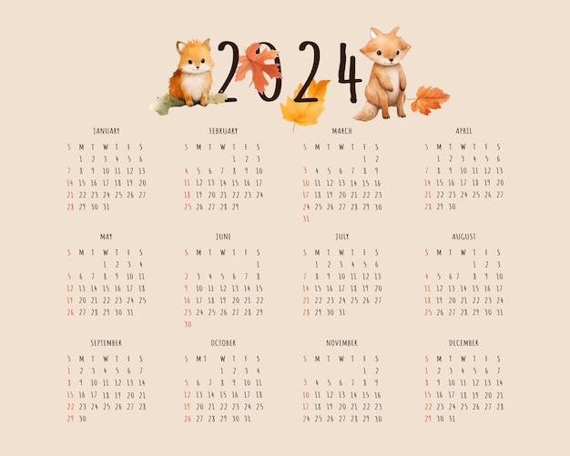 Vector new year 2024 annual calendar template with autumn theme