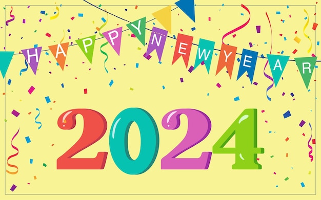 Vettore new year 2024 banner con un fondo colorato e un vettore colorato del 2024