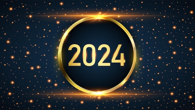 Vettore il nuovo anno 2024 luccica d'oro su un vettore di sfondo blu