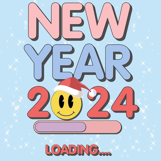 New year 2024 groovy hippie Christmas Smile vibes in trendy retro cartoon style Happy New year