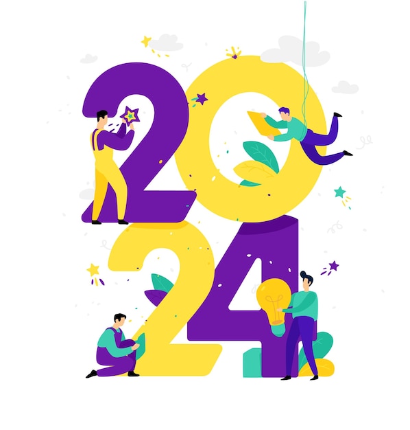 Vettore nuovo anno 2024 incontro con il nuovo anno gli uomini d'affari salutano il natale e il nuovo anno
