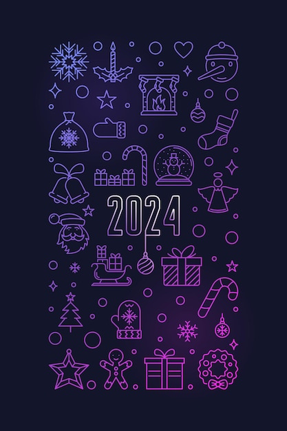 新年 2024 概要色のバナー ベクトル クリスマス縦イラストまたは暗い背景を持つクリスマス ポスター
