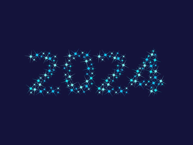 Vector new year 2024 pattern of bright sparkling magical neon multicolored particles sparks and stars