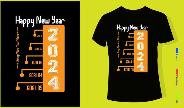 2024년 새해 블랙 티셔츠가 있는 타이포그래피 티셔츠 디자인