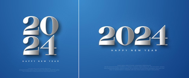 金属銀の 3 d 数字の青い背景と新年 2024 の輝きと挨拶と新年あけましておめでとうございます 2024 のお祝いのためのプレミアム ベクター デザイン
