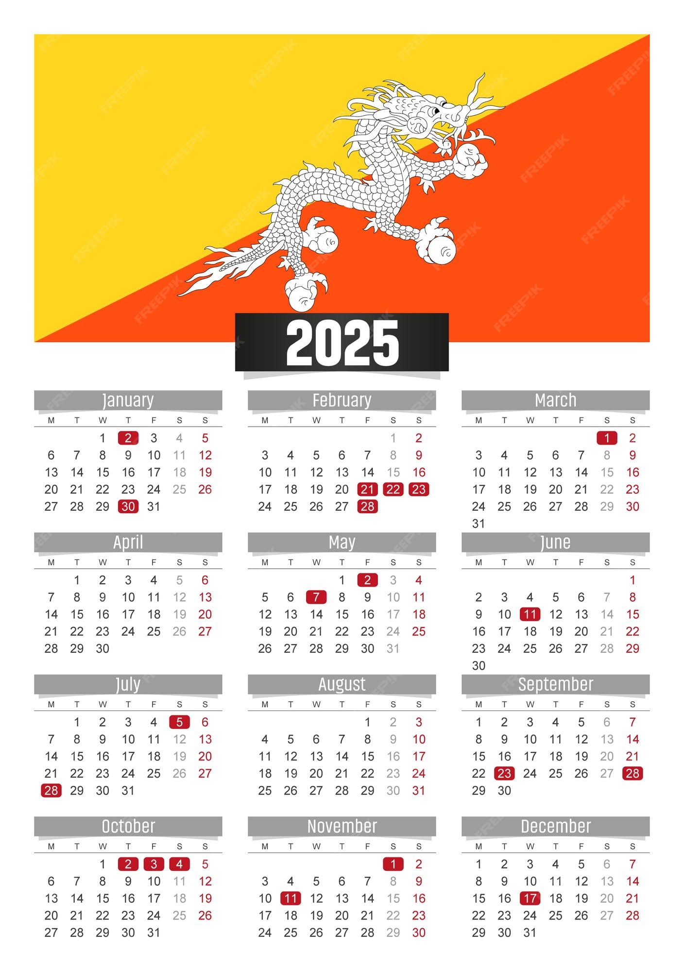 Premium Vector New year 2025 calendar with Bhutan flag and public