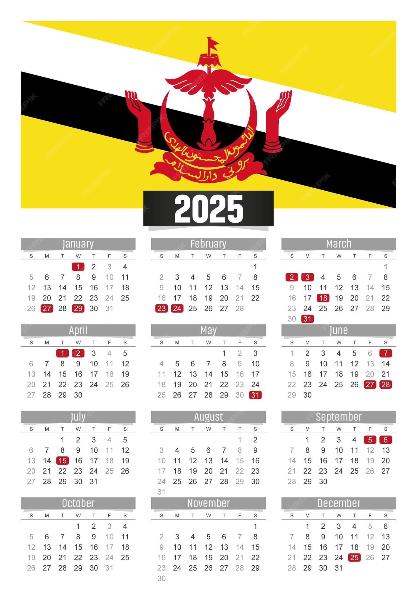 Premium Vector New year 2025 calendar with Brunei flag and public