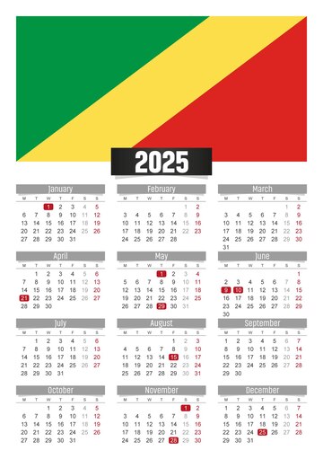 콩고 발과 공휴일이 인쇄된 2025년 새 달력 | 프리미엄 벡터