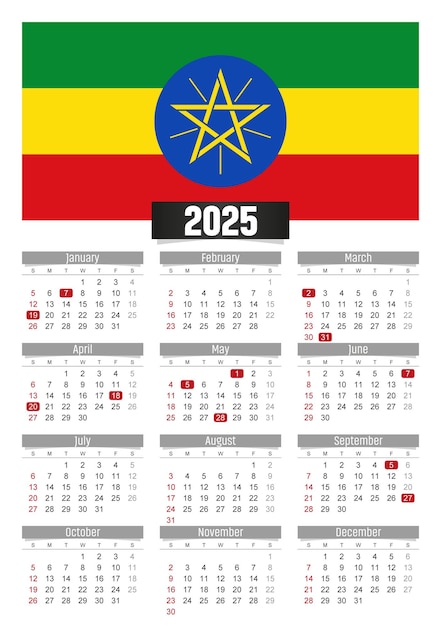Premium Vector | New year 2025 calendar with Ethiopia flag and public