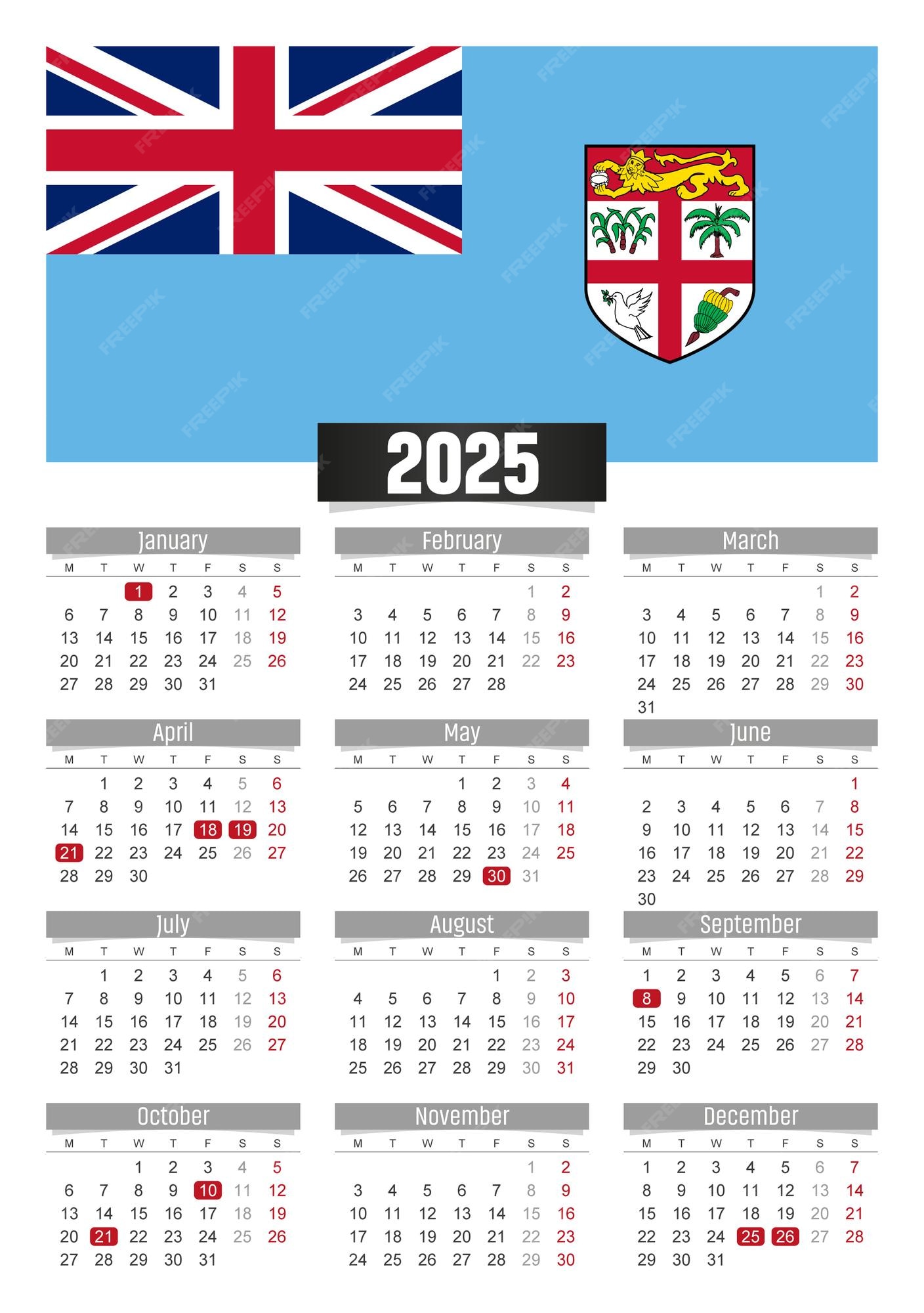 Premium Vector | New year 2025 calendar with Fiji flag and public