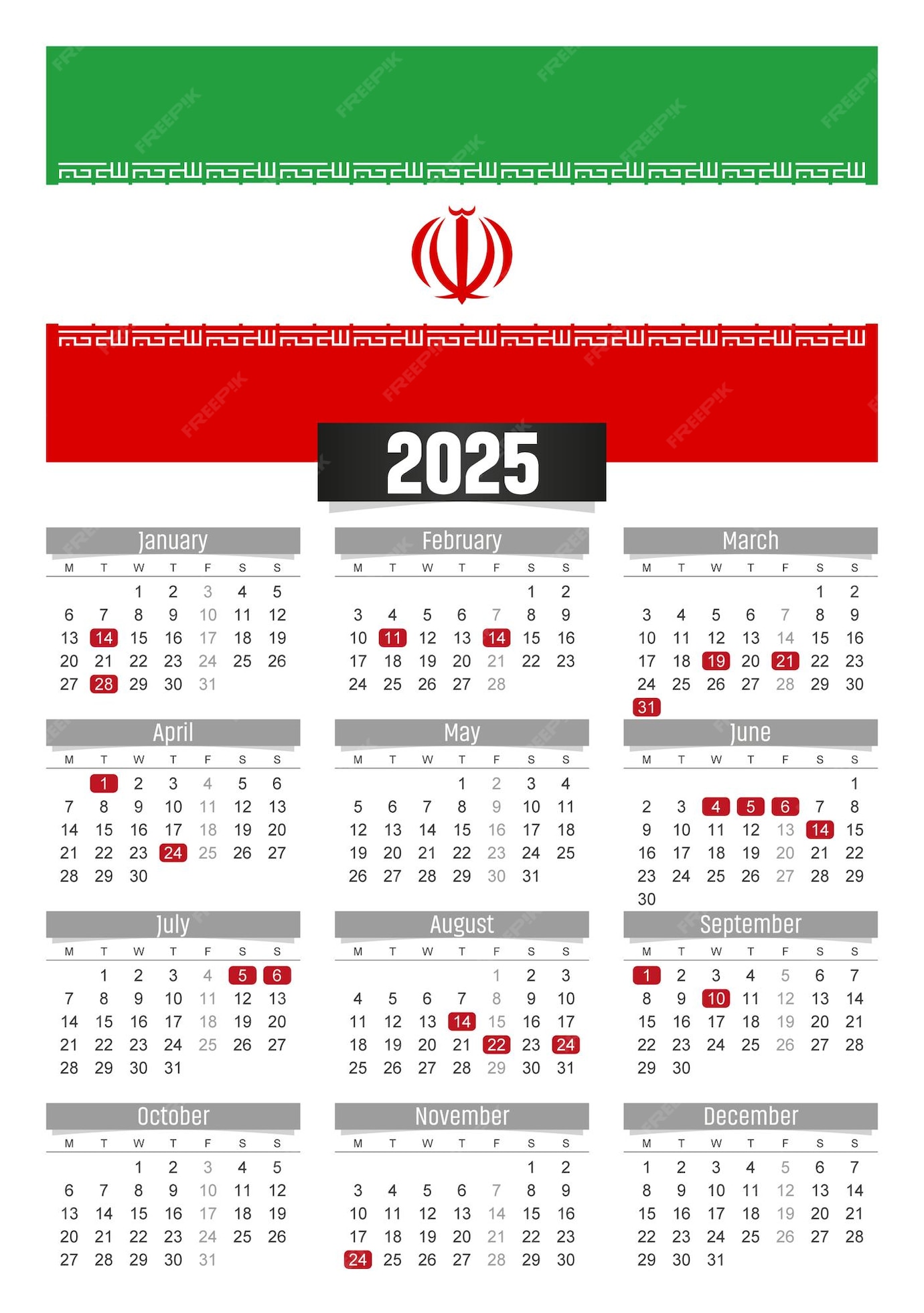 Premium Vector | New year 2025 calendar with Iran flag and public