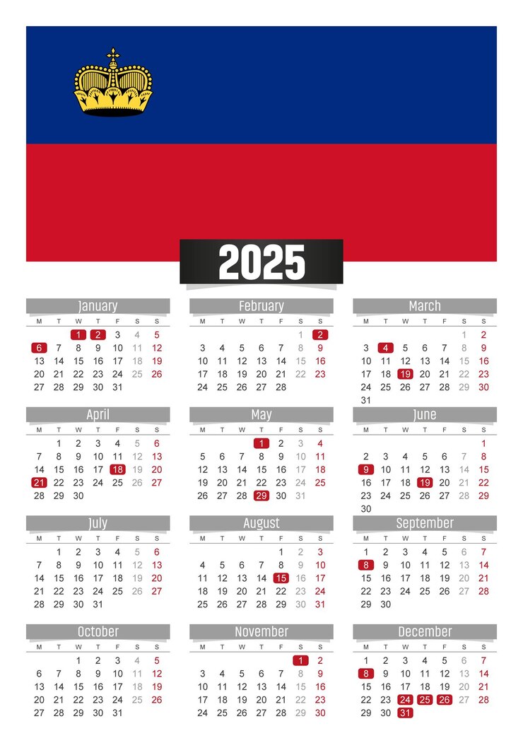 Premium Vector | New year 2025 calendar with Liechtenstein flag and
