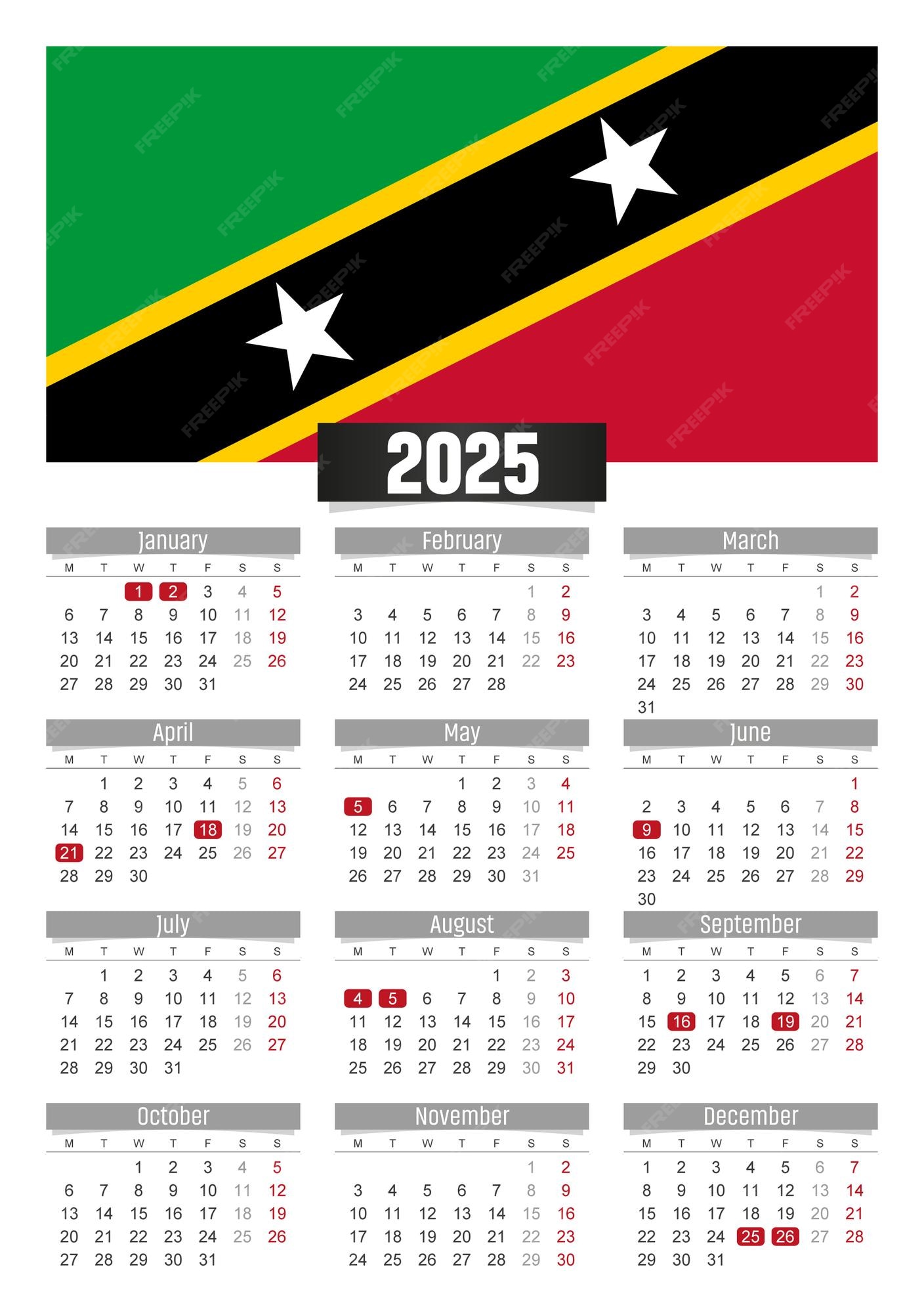 Premium Vector | New year 2025 calendar with Saint Kitts and Nevis flag