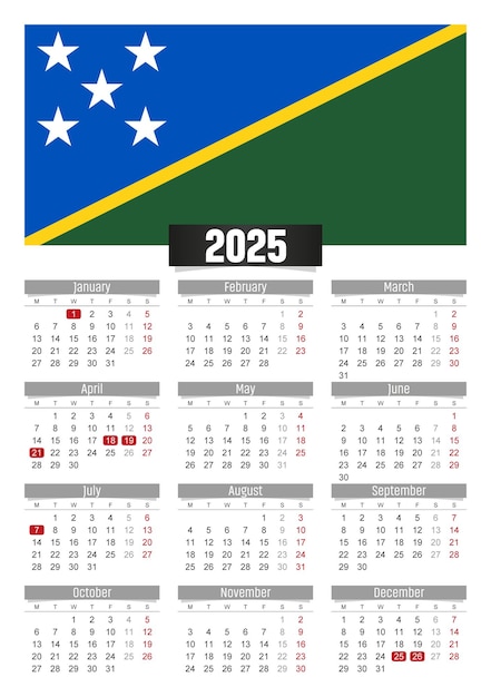 Premium Vector | New year 2025 calendar with Solomon Islands flag and