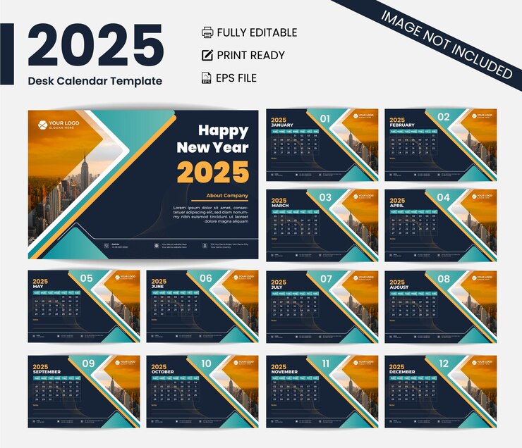 Вектор новый дизайн настольного календаря 2025 года ежемесячно и ежегодно