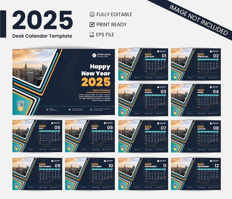 Вектор новый дизайн настольного календаря 2025 года ежемесячно и ежегодно