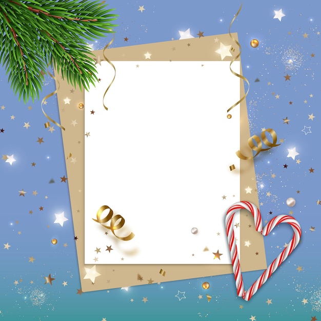 New Year abstract background with glitter stars candys Christmas tree branches and blank paper