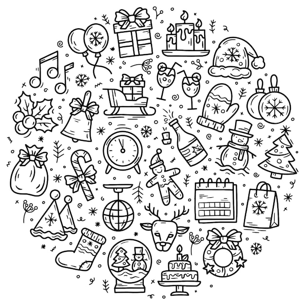 Новый год и рождество круглый набор векторных линейных иконок в стиле эскиза каракули с зимними элементами
