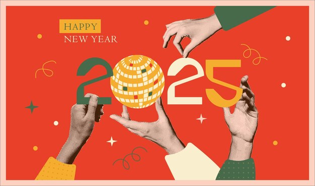 Vector new year art collage banner with halftone hands holding disco ball and cut out numbers trendy muted