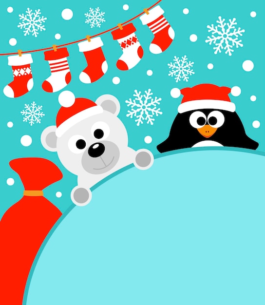 New Year background with penguin and polar bear