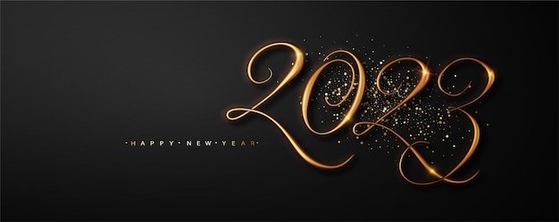 New year banner with realistic golden numbers 2023 on dark background with golden dust