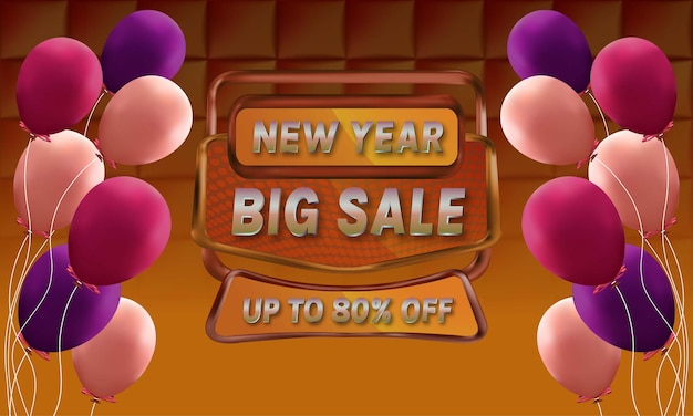 Modello di promozione banner grande vendita di capodanno con testo modificabile stile metallico e palloncini realistici