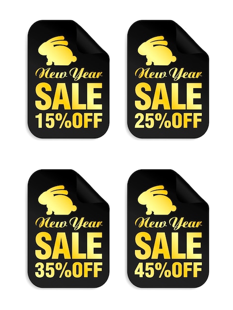 Vector new year black stickers set with bunny sale 15 25 35 45 off