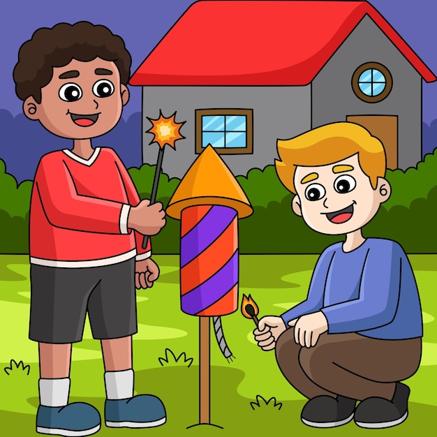 New Year Boys With Fireworks Colored Cartoon