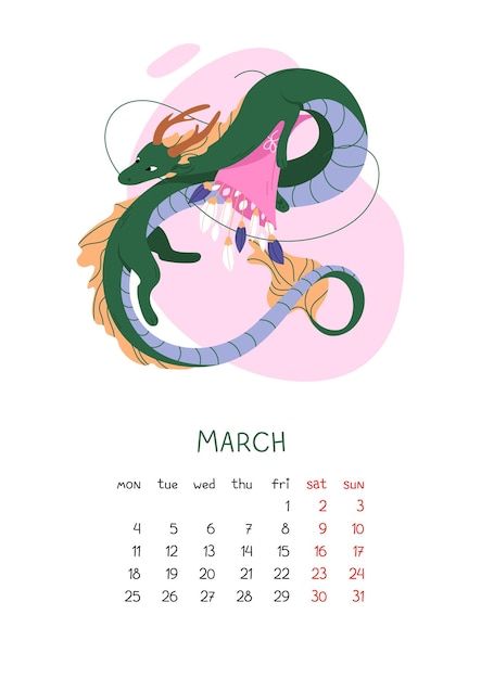 中国の緑のドラゴンと花束の新年のカレンダー 月の新年のシンボル