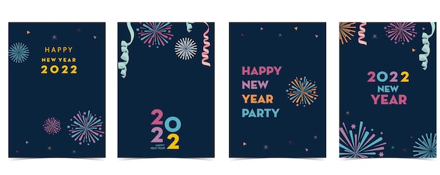 Collezione di carte di capodanno con fuochi d'artificio, cornice, stella. illustrazione vettoriale per poster, cartoline, striscioni, copertina