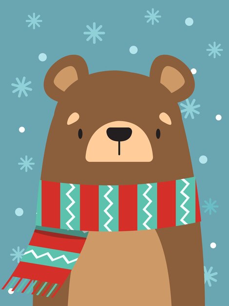 New Year card Cute bear in a striped scarf Vector illustration