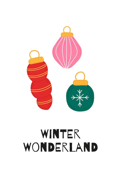 ツリーボールとクリスマスの年賀状は、孤立した背景に手描きのスタイルを引用しています
