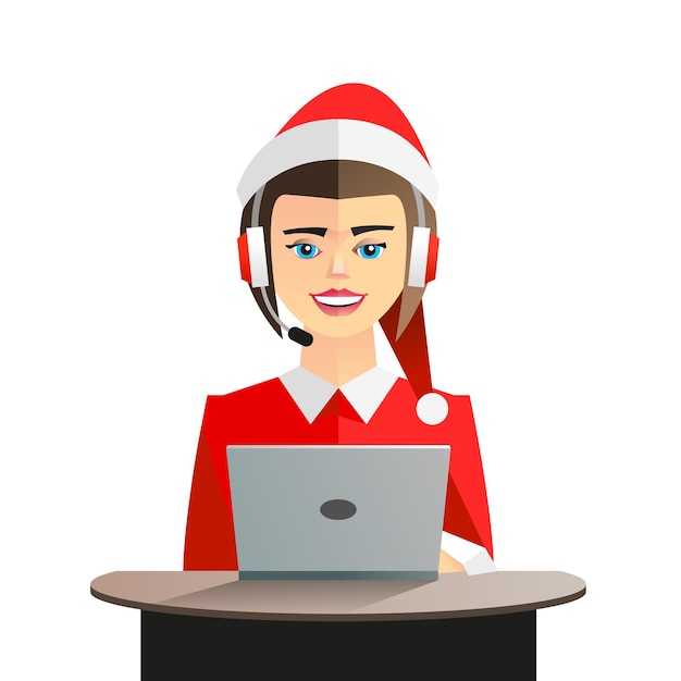 New Year cartoon female character in a Christmas hat isolated with a laptop