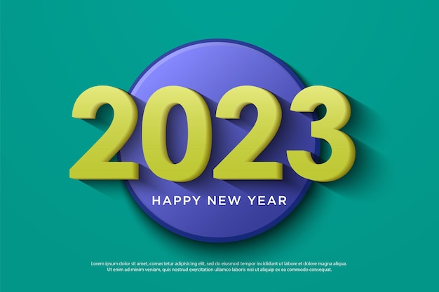 New year celebration 2023 on smooth 3d blue circle background.