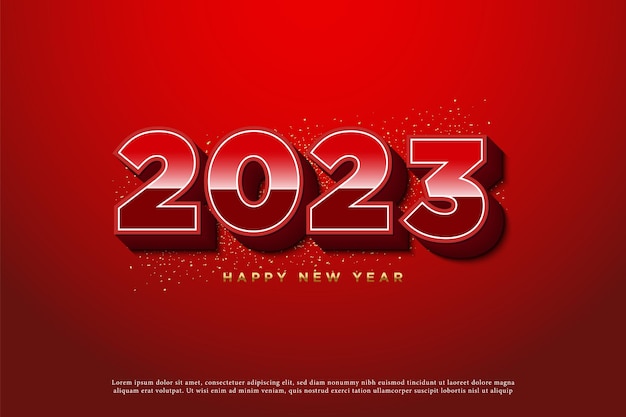 Celebrazione del nuovo anno 2023 con numeri 3d e sfondo rosso con scarso effetto di luce.