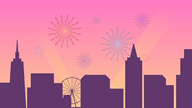 New year celebration vector silhouette of building with sky full of fireworks